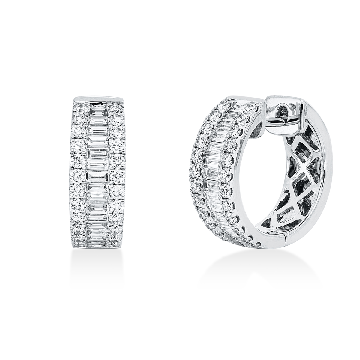 diamond full cut  baguette hoops & huggies in white gold