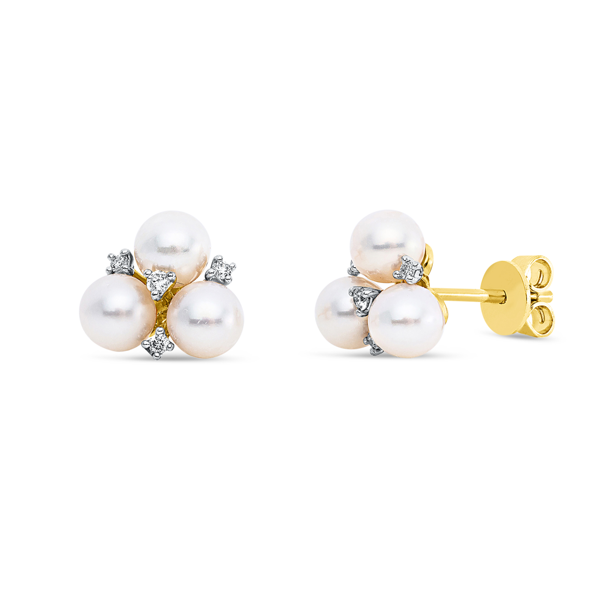 diamond full cut  pearl studs in yellow gold / white gold