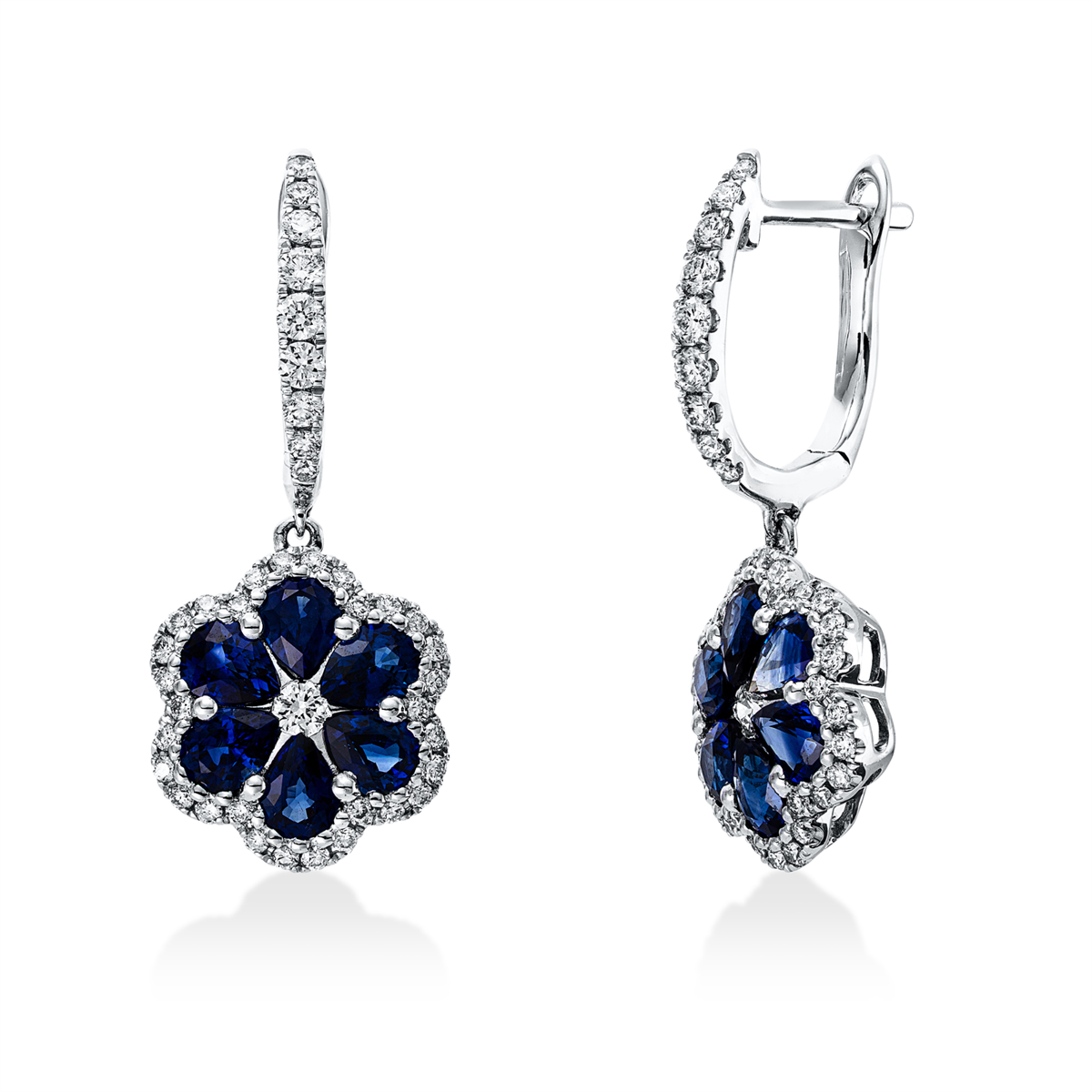 diamond full cut sapphire colored stone classic earrings in white gold