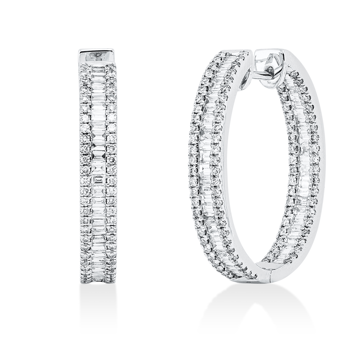 diamond full cut  baguette hoops & huggies in white gold