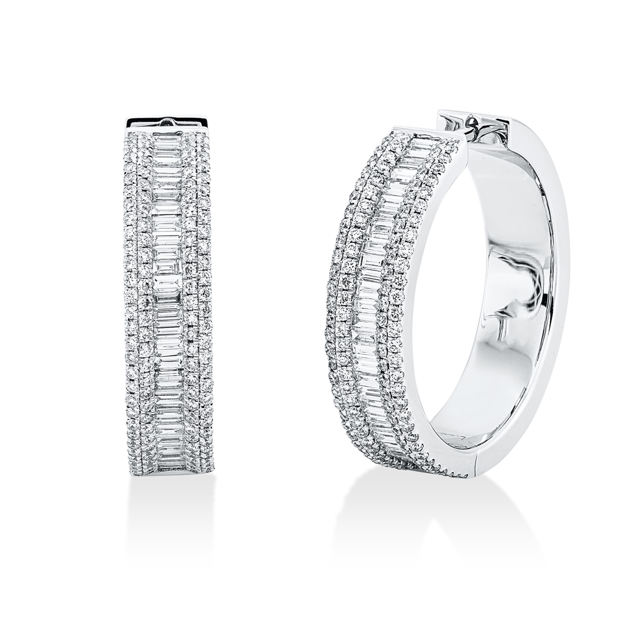 diamond full cut  baguette hoops & huggies in white gold