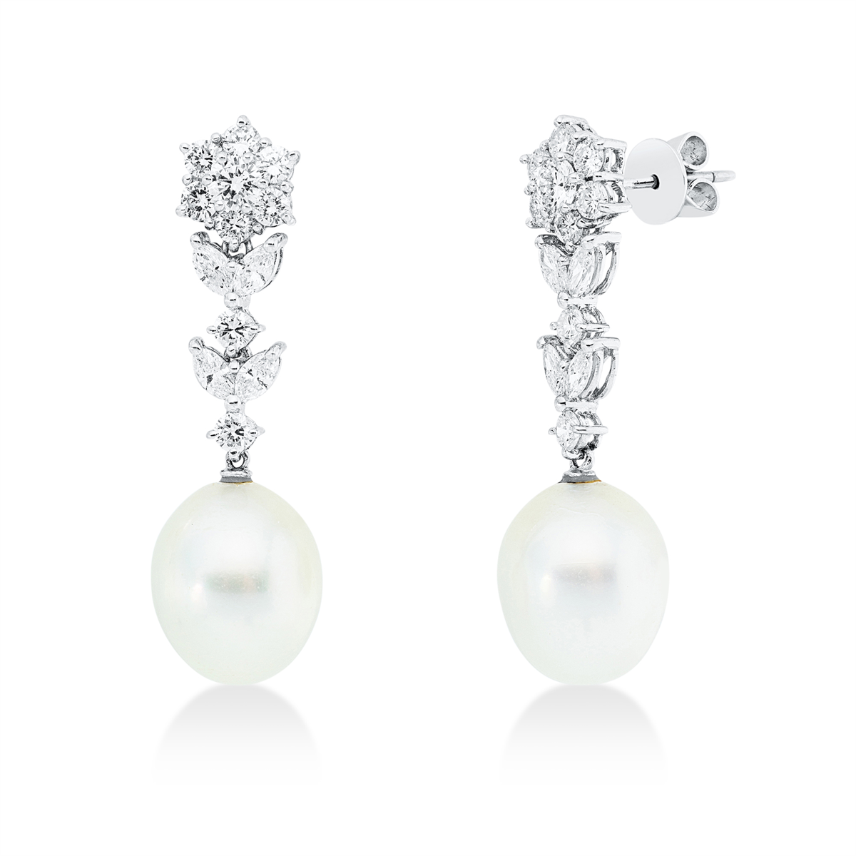 diamond full cut  pearl earrings in white gold