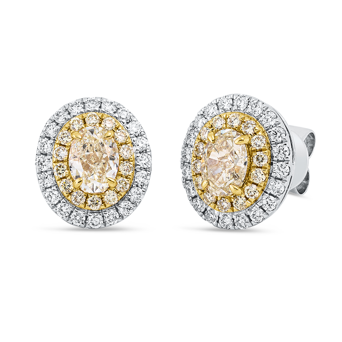 diamond full cut  fancy colored diamond studs in white gold / yellow gold