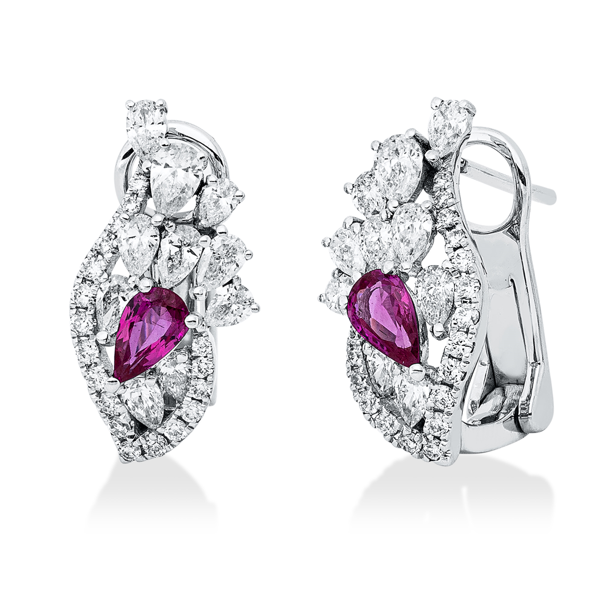 diamond full cut ruby colored stone classic hoops & huggies in white gold