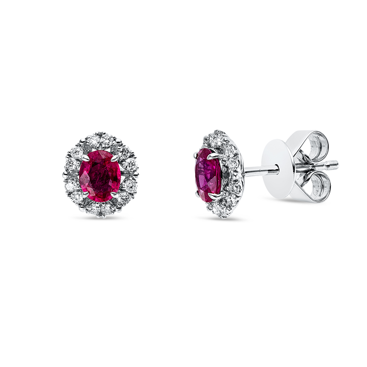 diamond full cut ruby colored stone classic studs in white gold