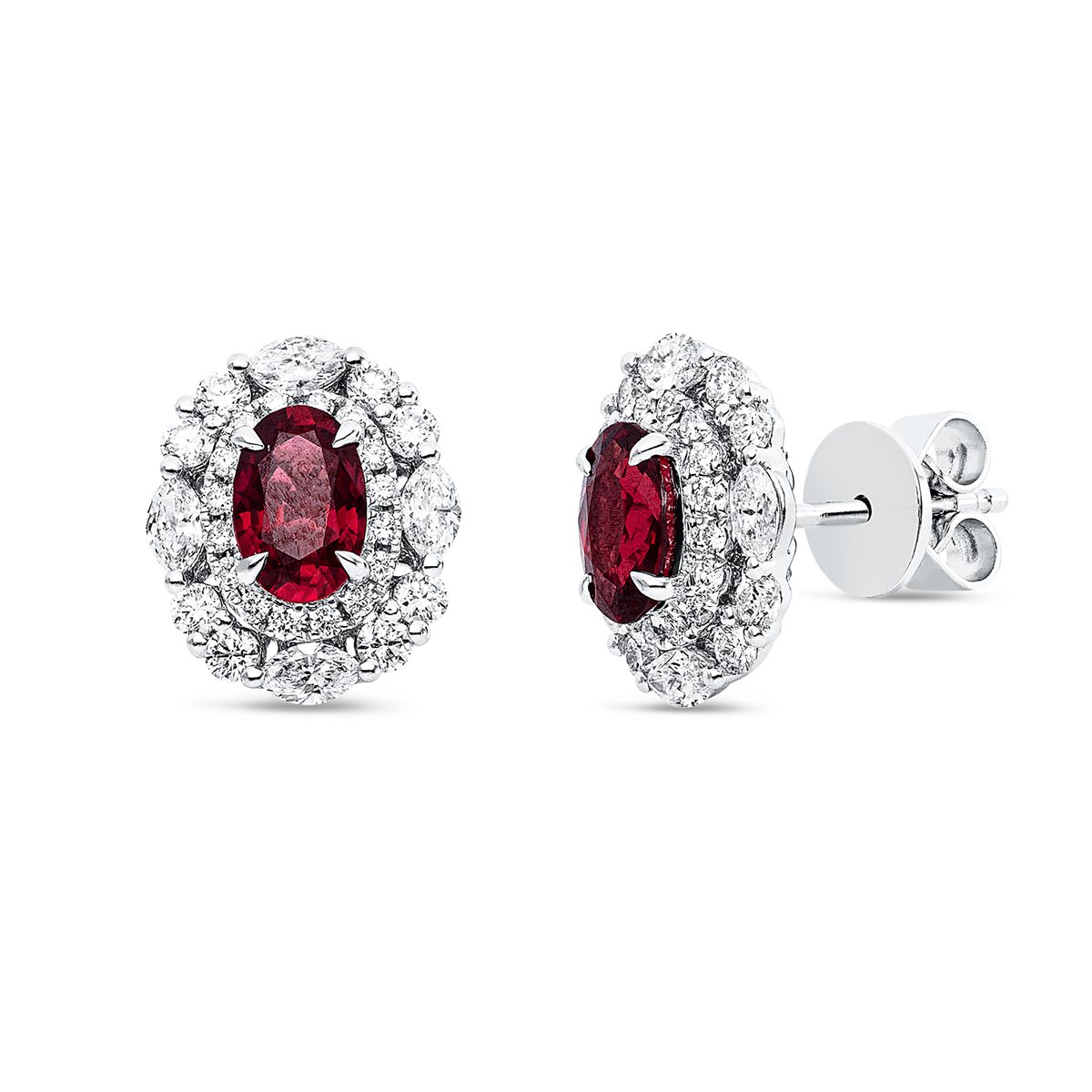 diamond full cut ruby colored stone classic studs in white gold
