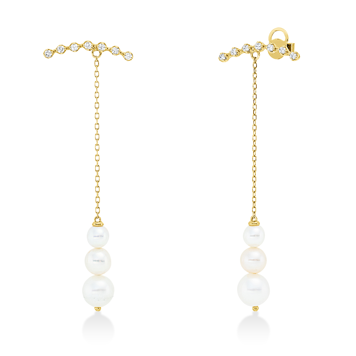diamond full cut  pearl earrings in yellow gold