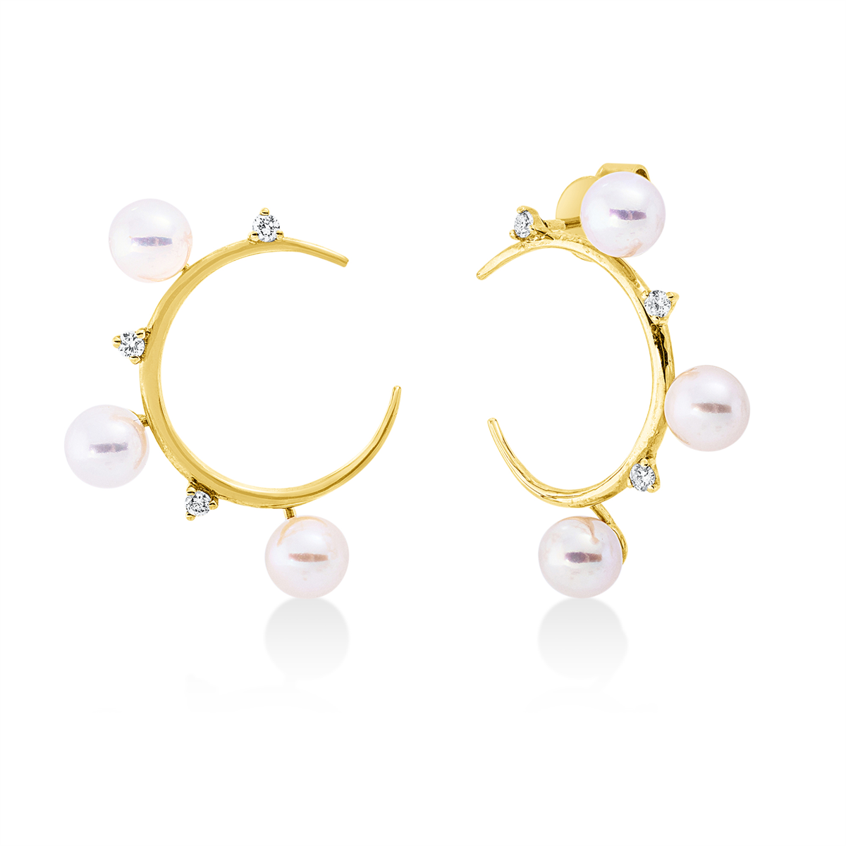 diamond full cut  pearl studs in yellow gold