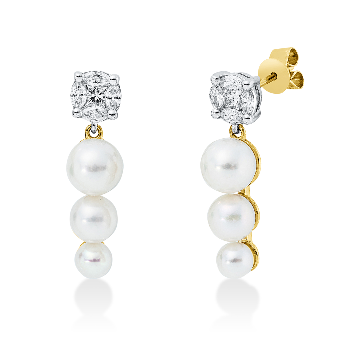 marquise  pearl earrings in yellow gold / white gold