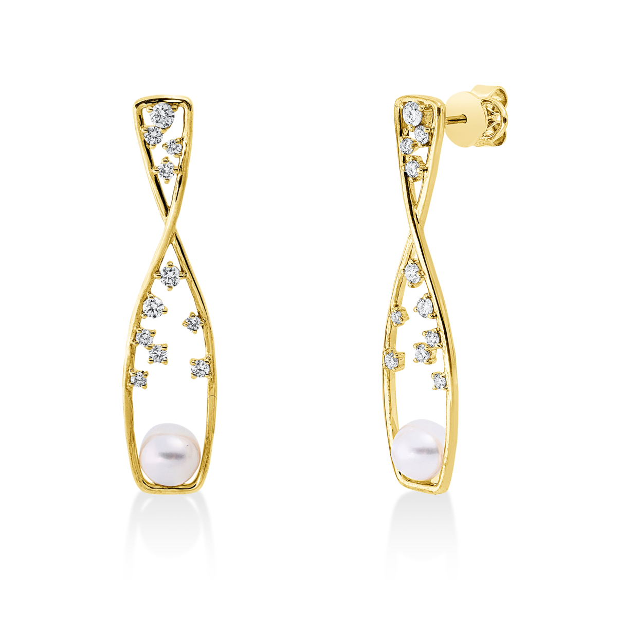 diamond full cut  pearl earrings in yellow gold