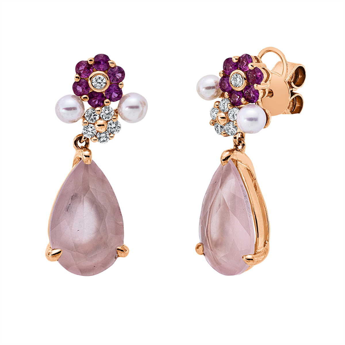 diamond full cut sapphire colored stone fashion earrings in red gold
