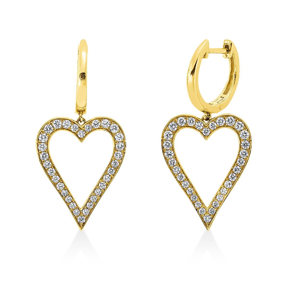 diamond full cut  heart earrings in yellow gold