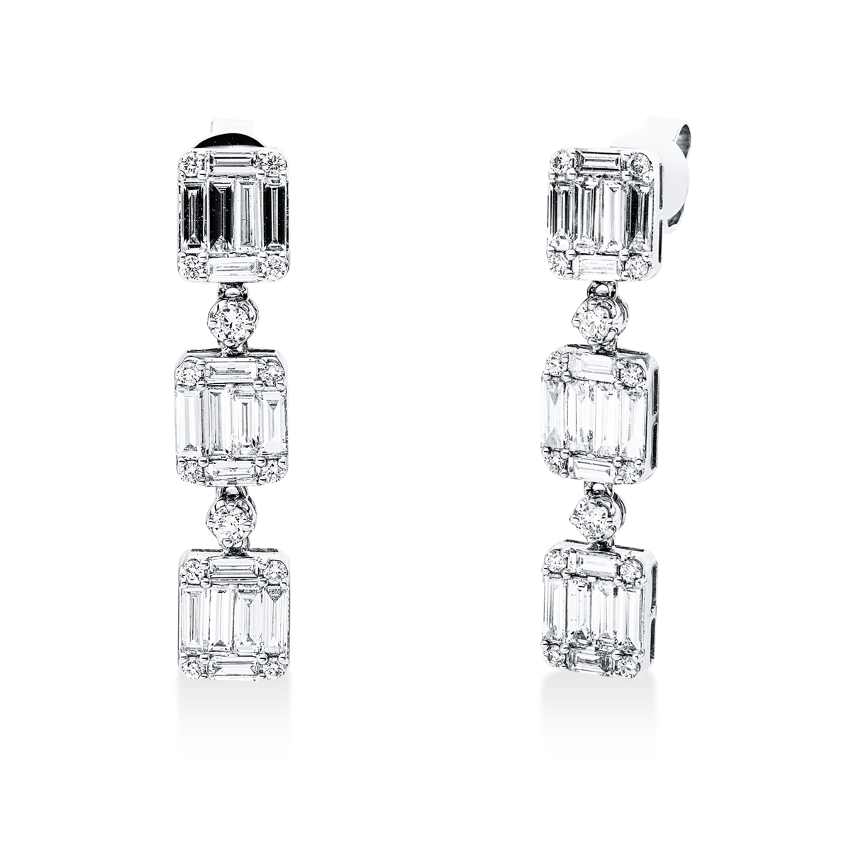 diamond full cut  baguette illusion earrings in white gold