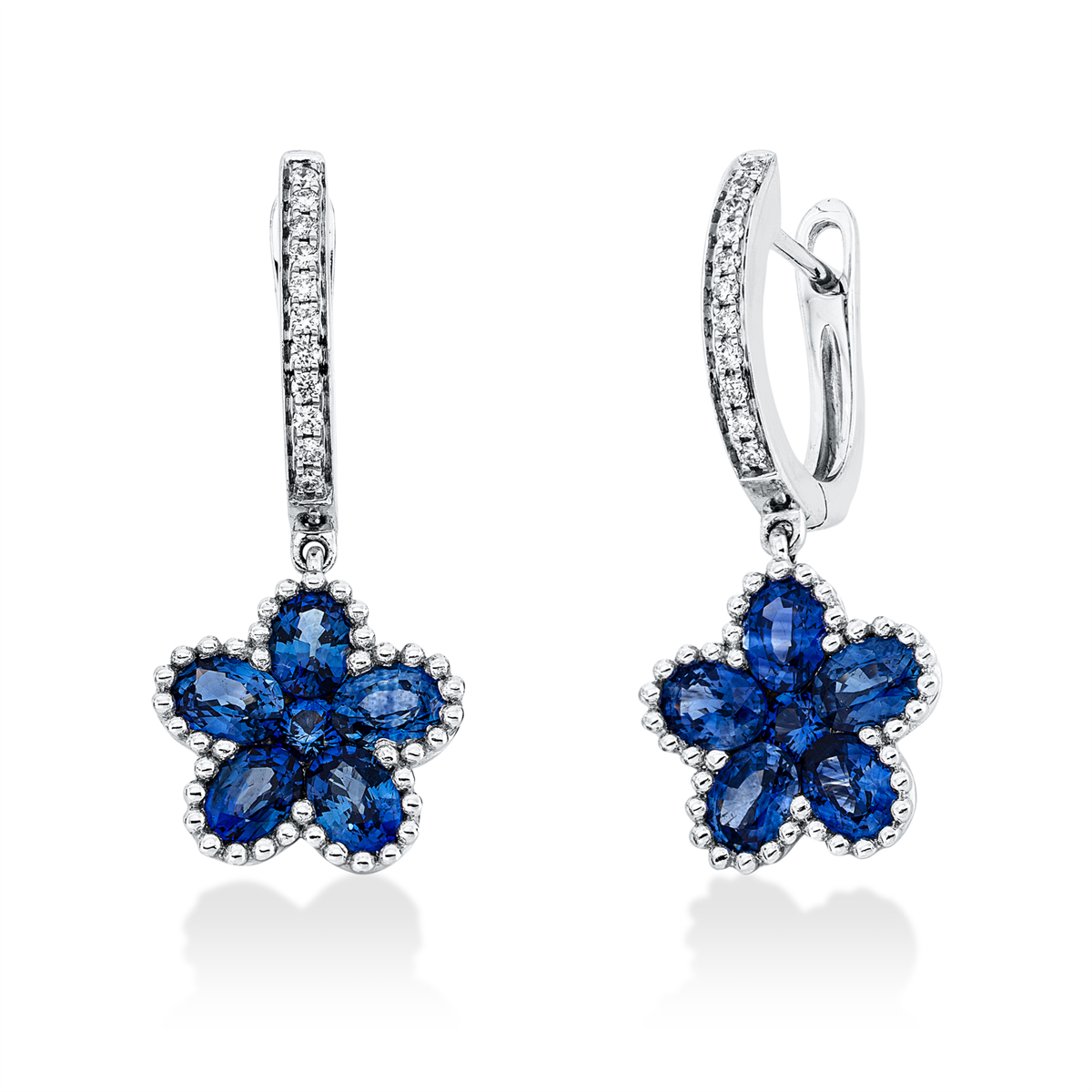 diamond full cut sapphire colored stone classic earrings in white gold