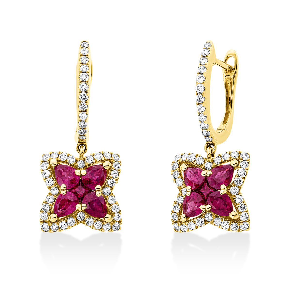 diamond full cut ruby colored stone classic earrings in yellow gold