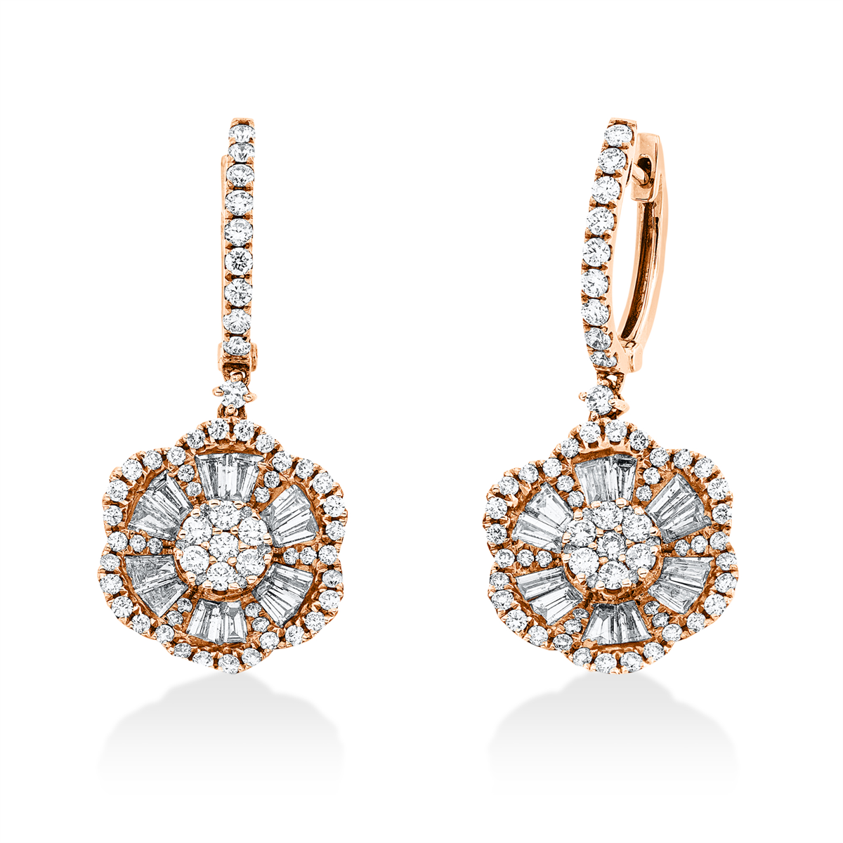 diamond full cut  baguette illusion earrings in red gold