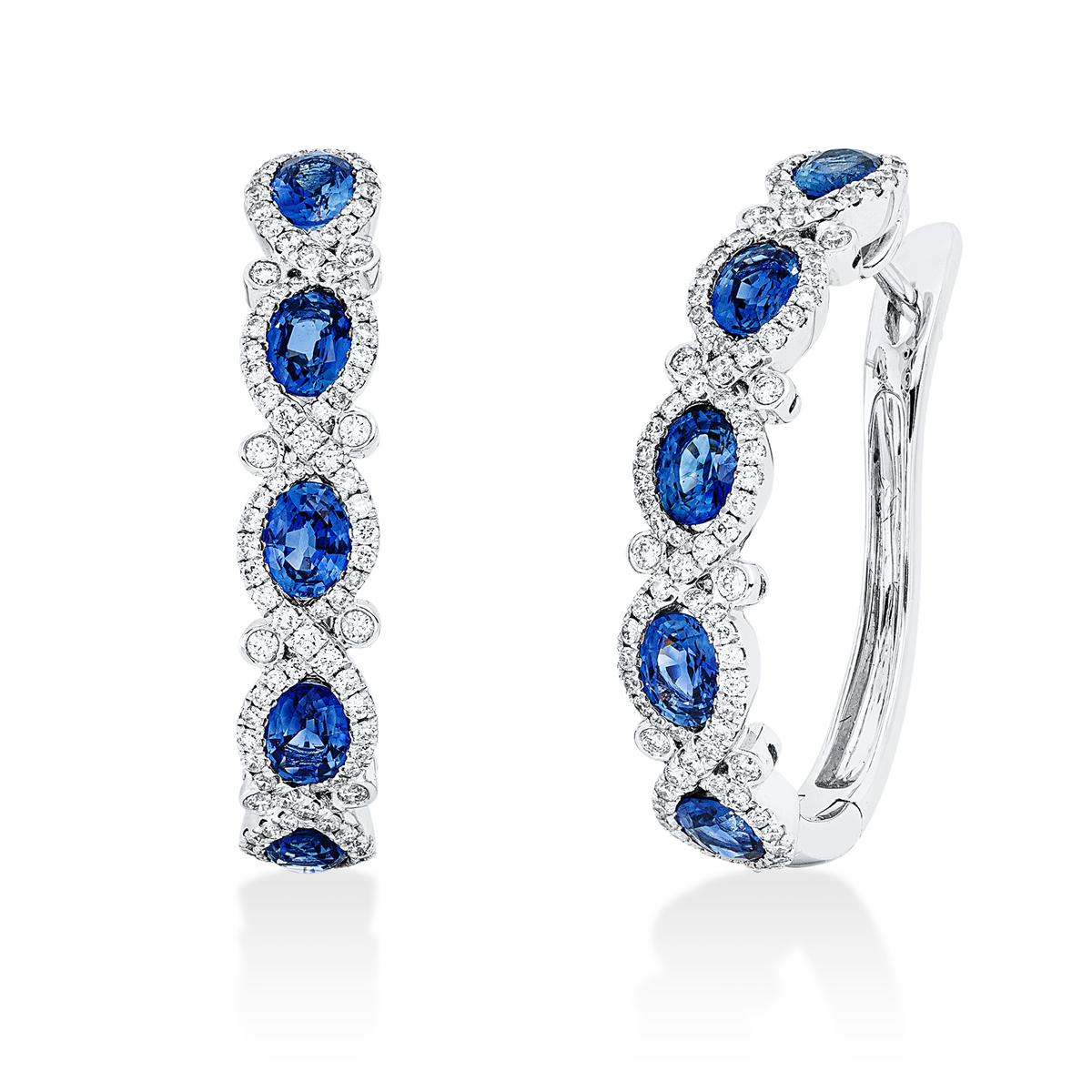 diamond full cut sapphire colored stone classic hoops & huggies in white gold