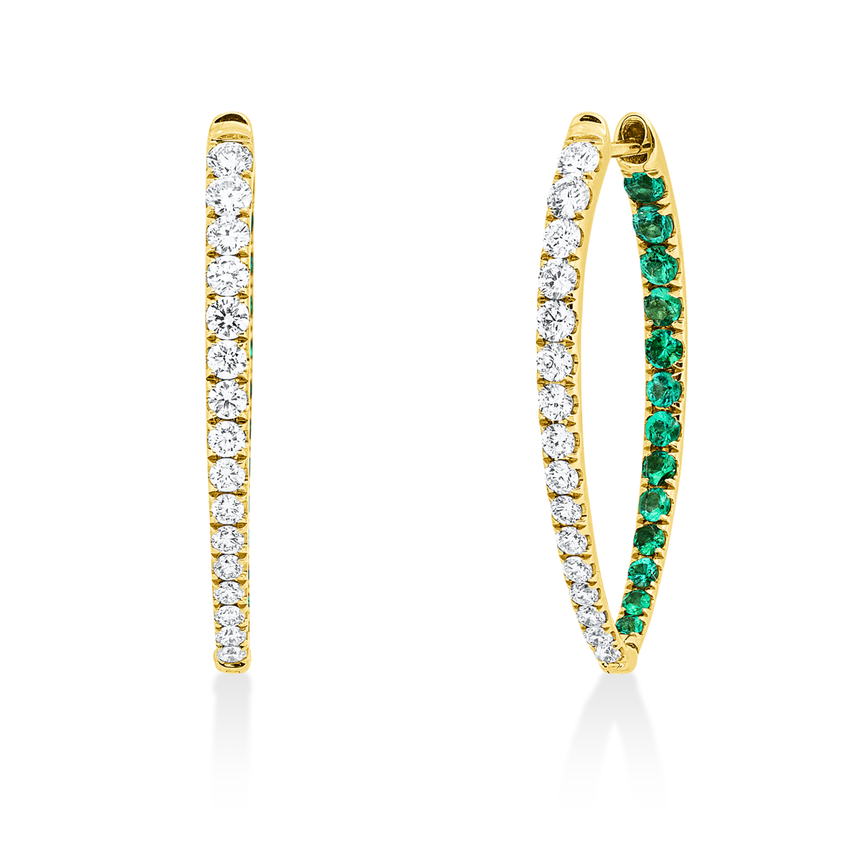 diamond full cut emerald colored stone classic hoops & huggies in yellow gold