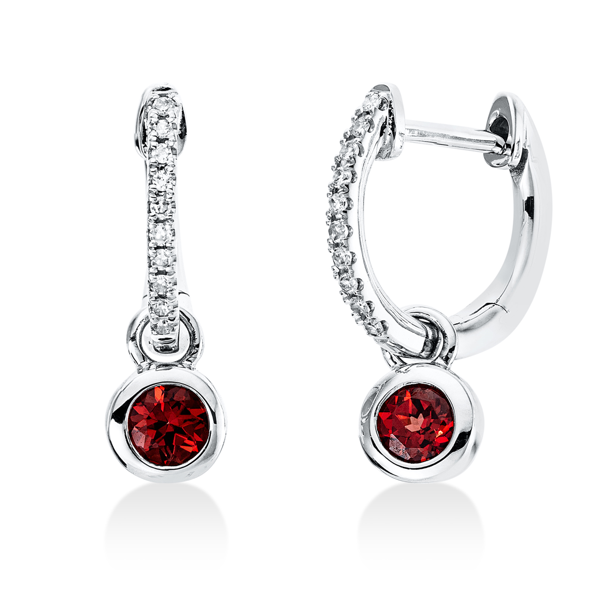 diamond full cut garnet colored stone fashion hoops & huggies in white gold