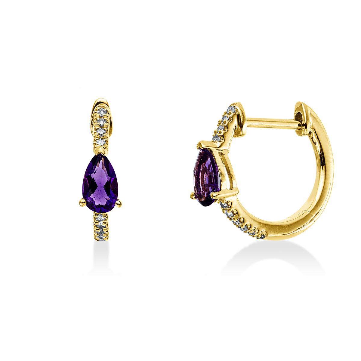 diamond full cut amethyst colored stone fashion hoops & huggies in yellow gold