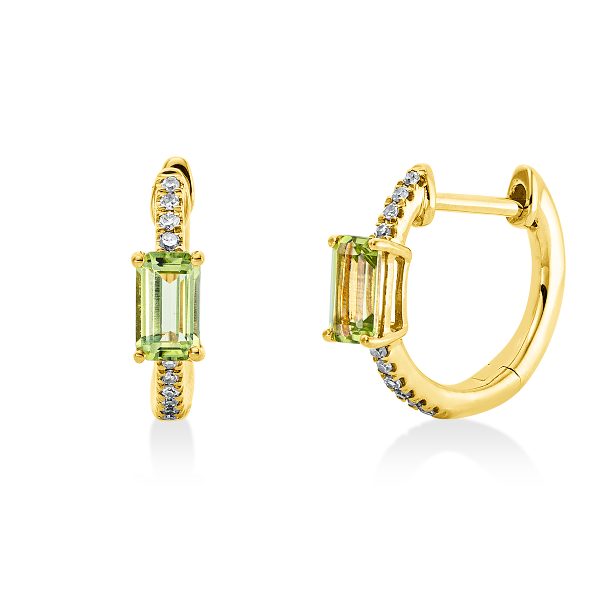 diamond full cut peridot colored stone fashion hoops & huggies in yellow gold