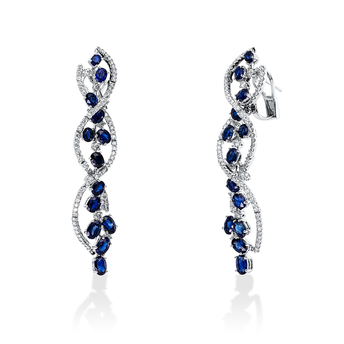 diamond full cut sapphire colored stone classic earrings in white gold