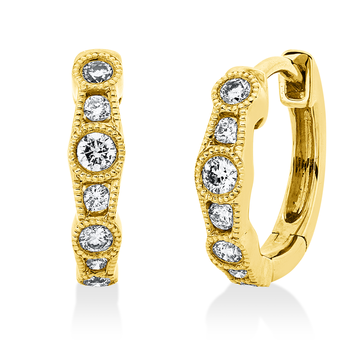 diamond full cut  modern woman hoops & huggies in yellow gold