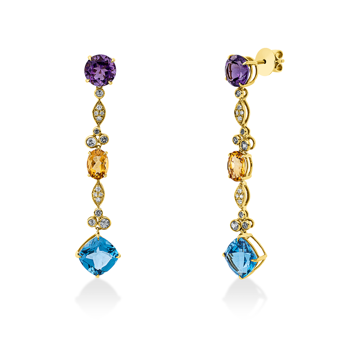 diamond full cut sapphire colored stone fashion earrings in yellow gold