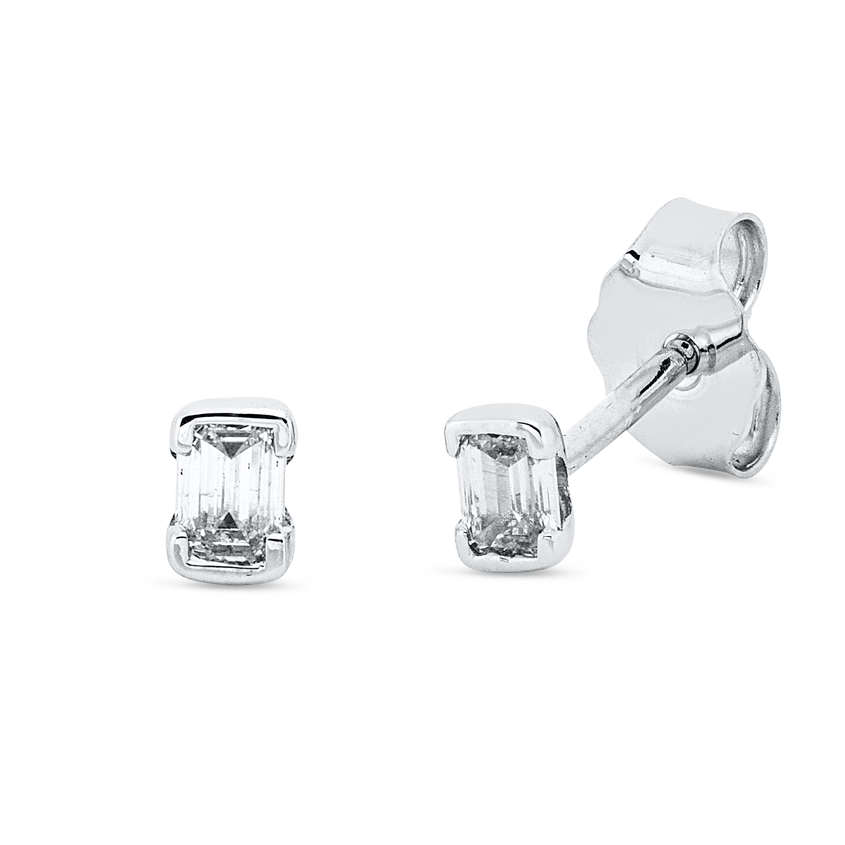 emerald cut  solitaire studs in white gold
