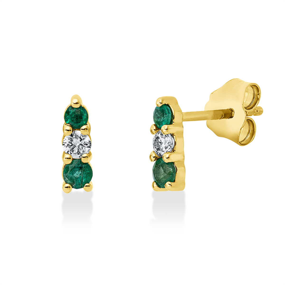 diamond full cut emerald colored stone classic studs in yellow gold