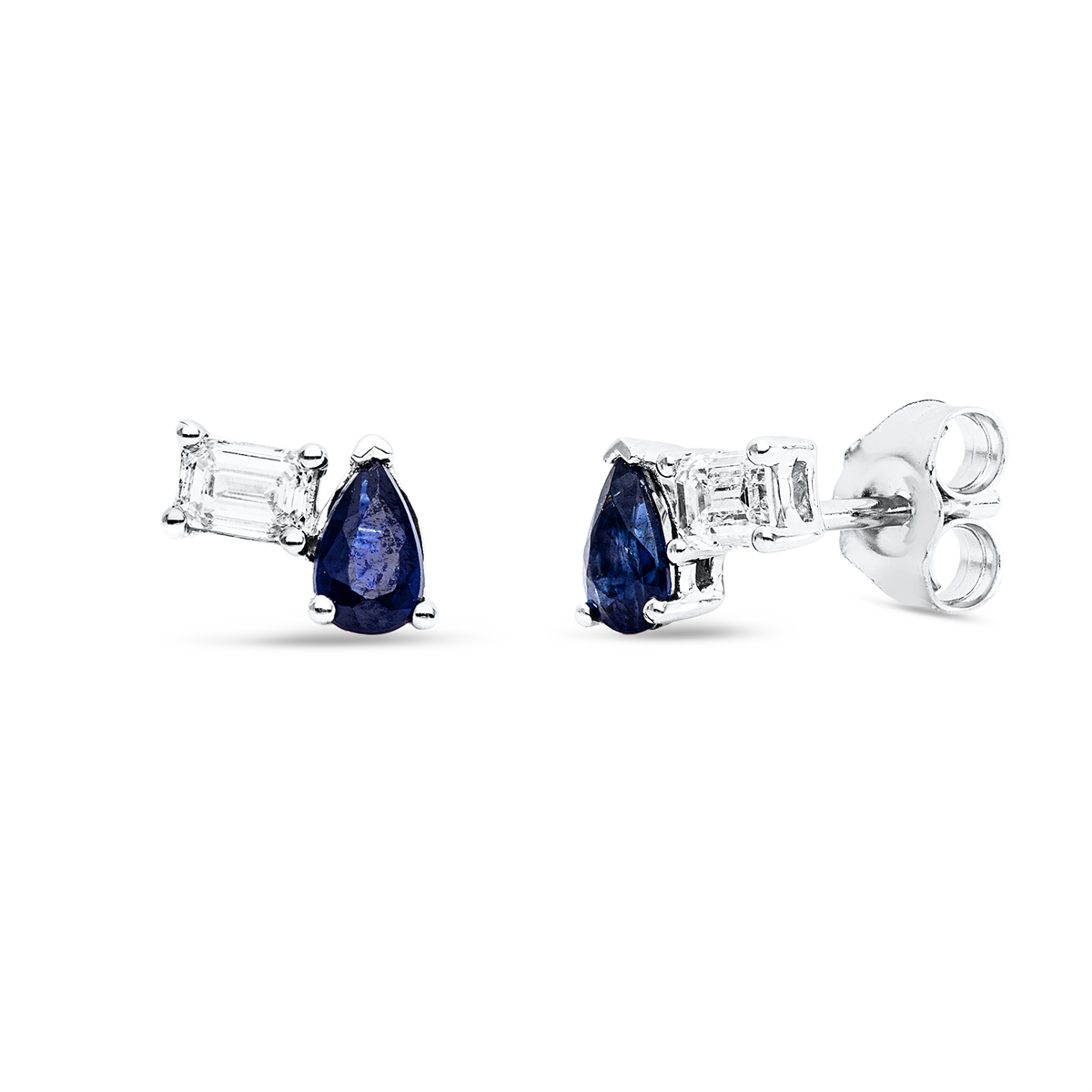 emerald cut sapphire colored stone classic studs in white gold