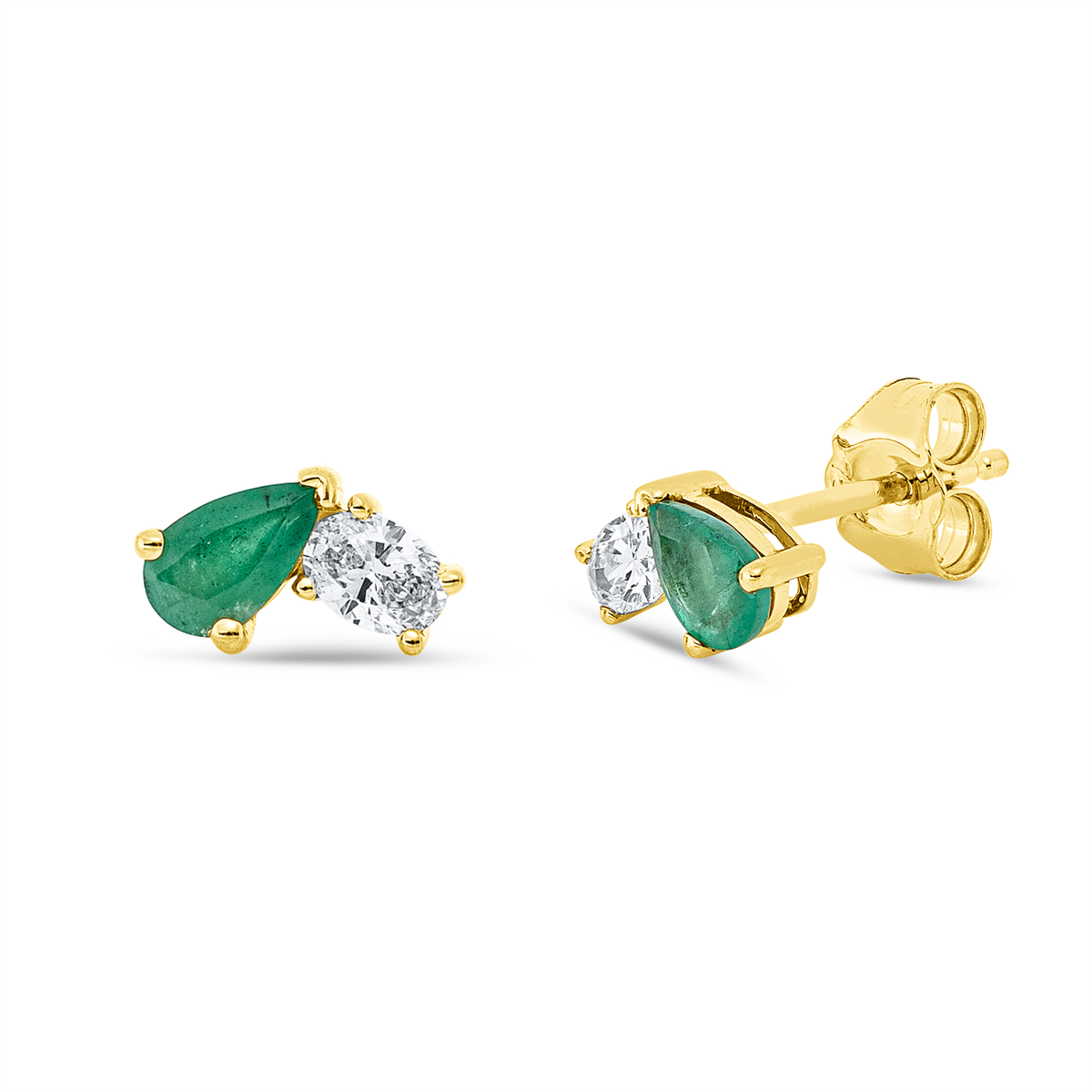 oval emerald colored stone classic studs in yellow gold