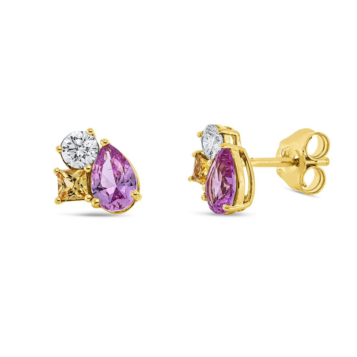 diamond full cut sapphire colored stone classic studs in yellow gold