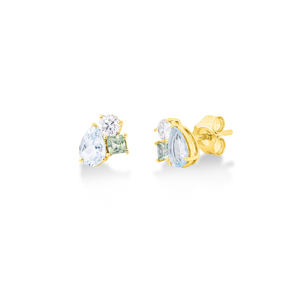 diamond full cut amethyst colored stone fashion studs in yellow gold