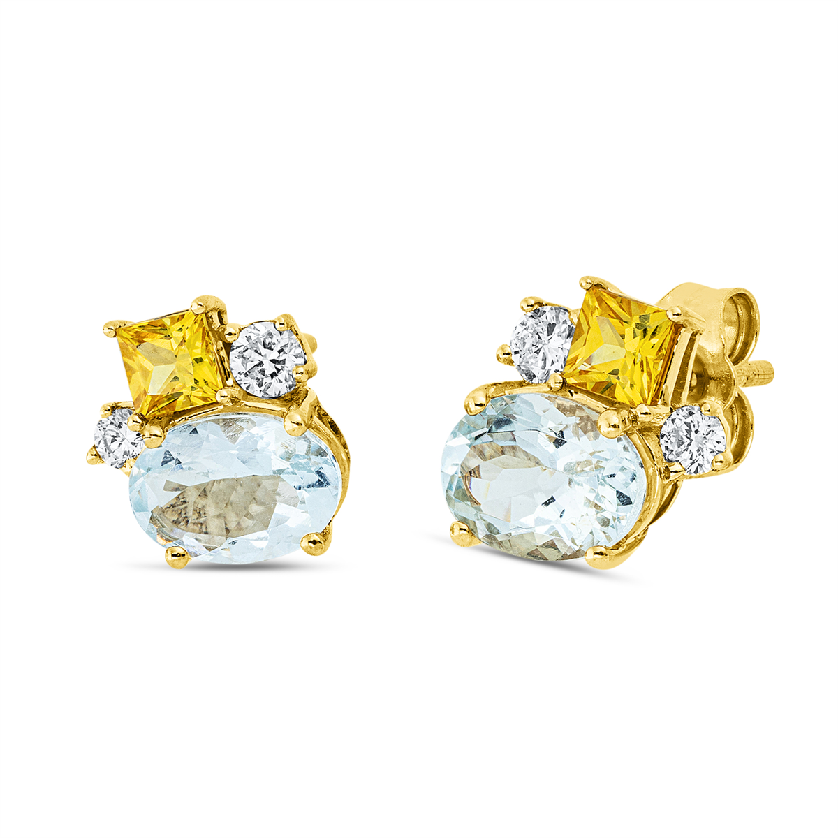 diamond full cut sapphire colored stone fashion studs in yellow gold