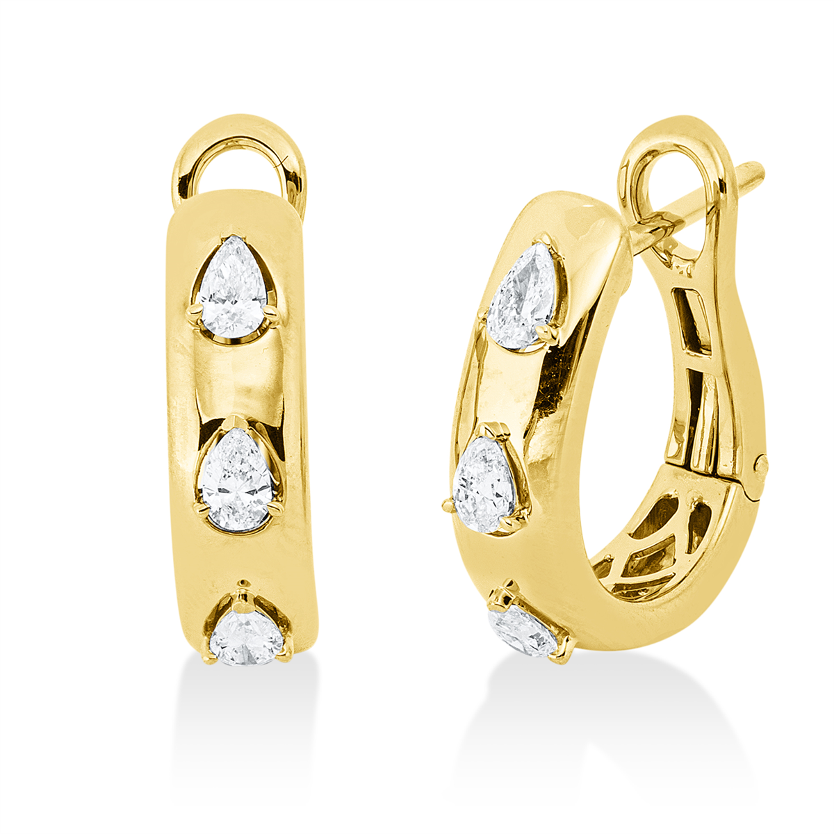 pear shape  modern woman hoops & huggies in yellow gold