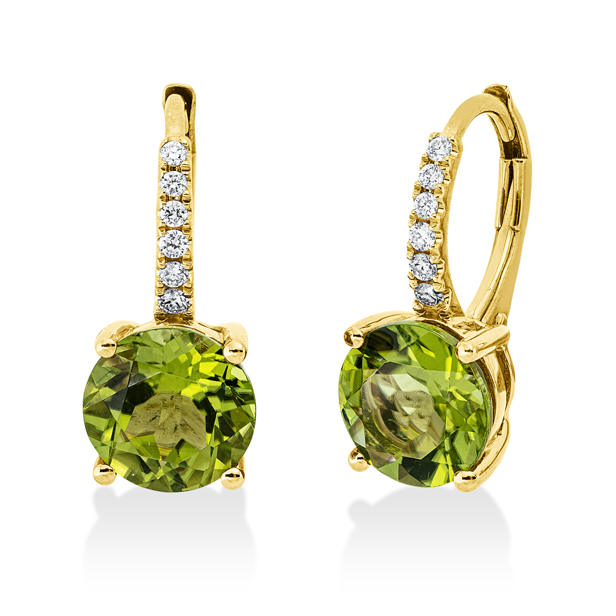 diamond full cut peridot colored stone fashion earrings in yellow gold