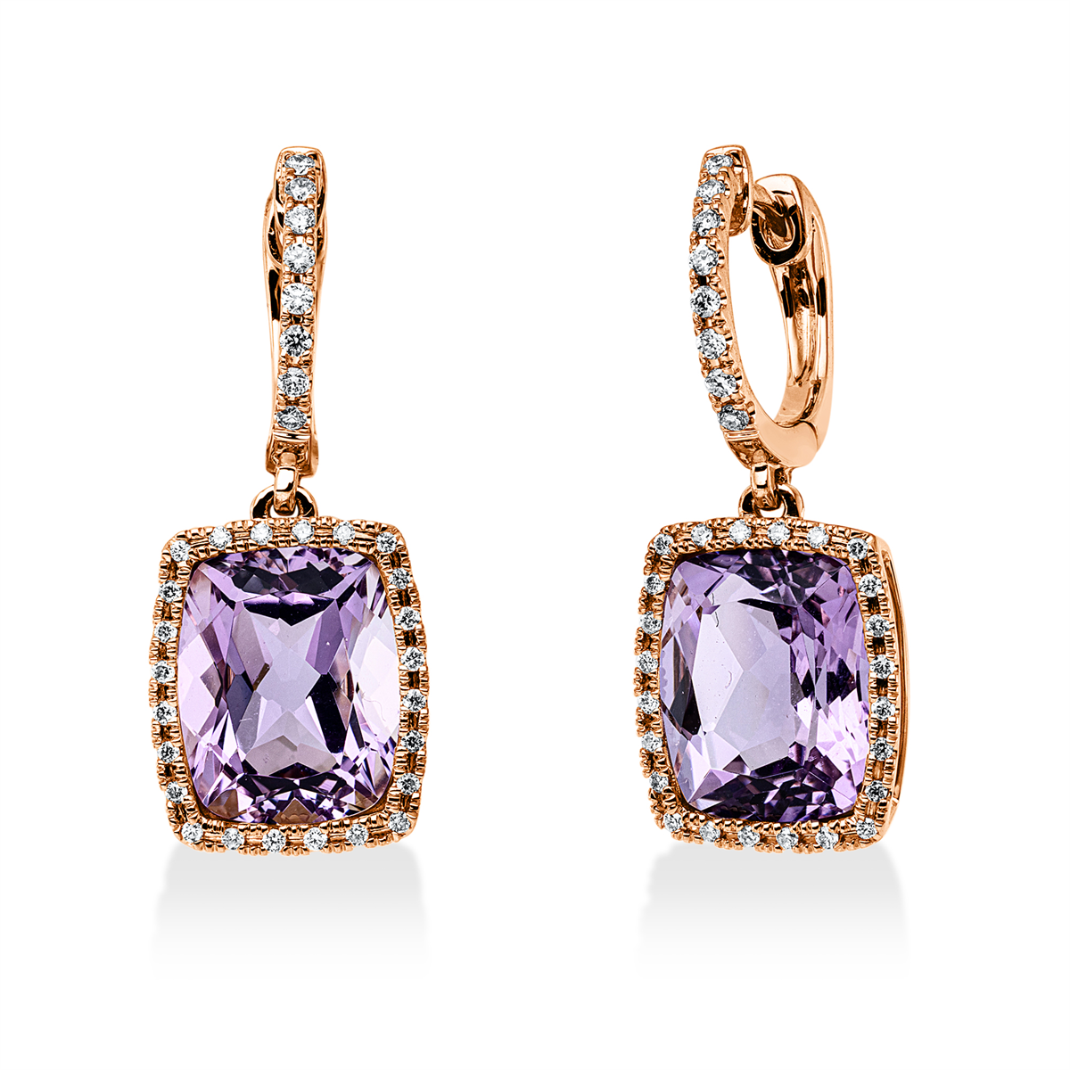 diamond full cut amethyst colored stone fashion earrings in red gold