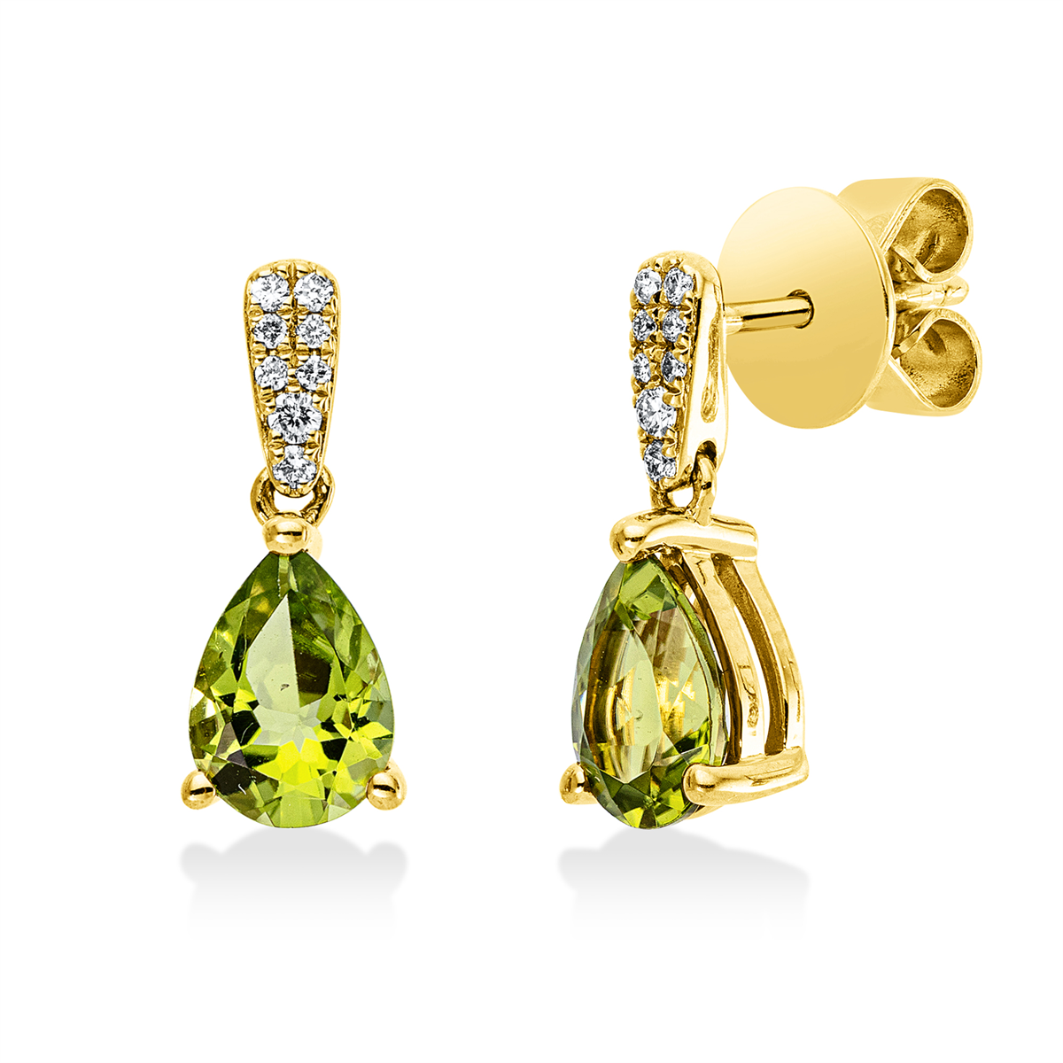 diamond full cut peridot colored stone fashion earrings in yellow gold