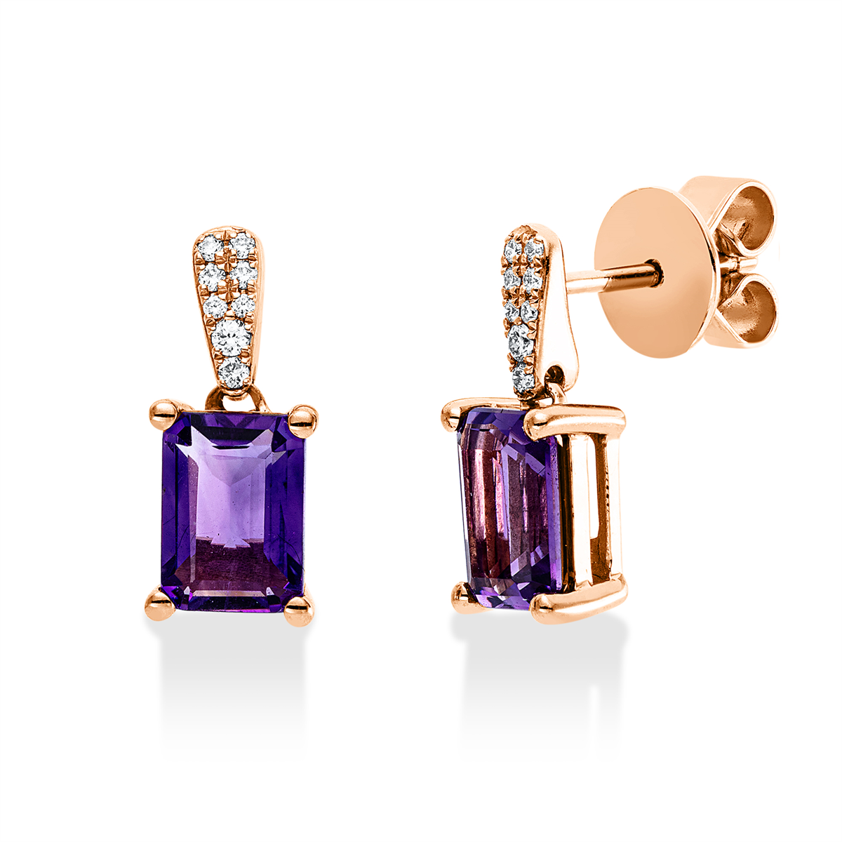 diamond full cut amethyst colored stone fashion earrings in red gold