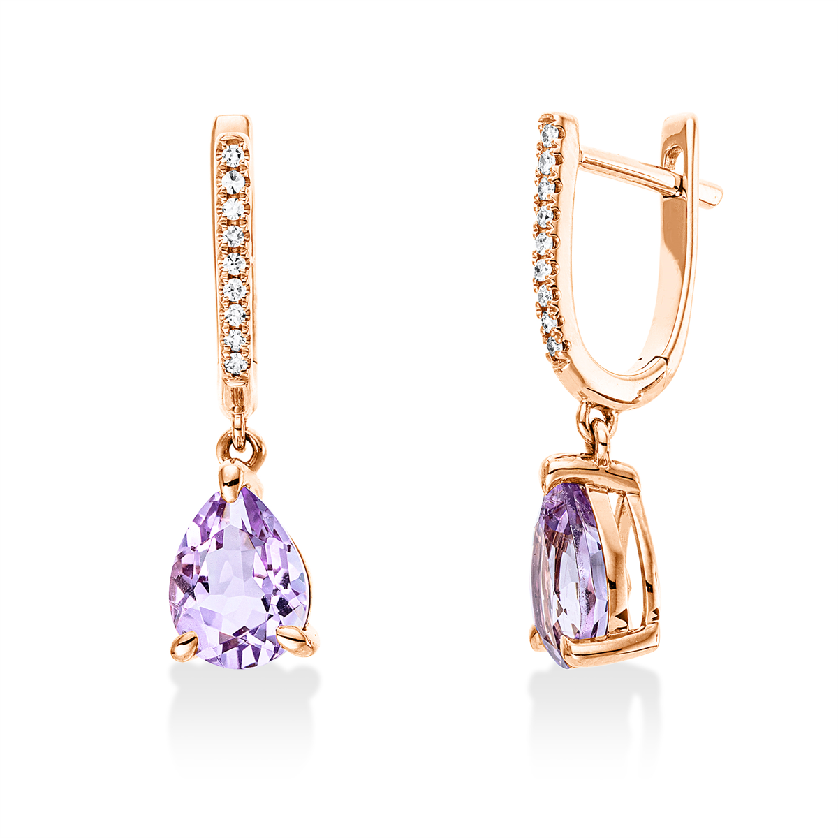 diamond single cut amethyst colored stone fashion earrings in red gold