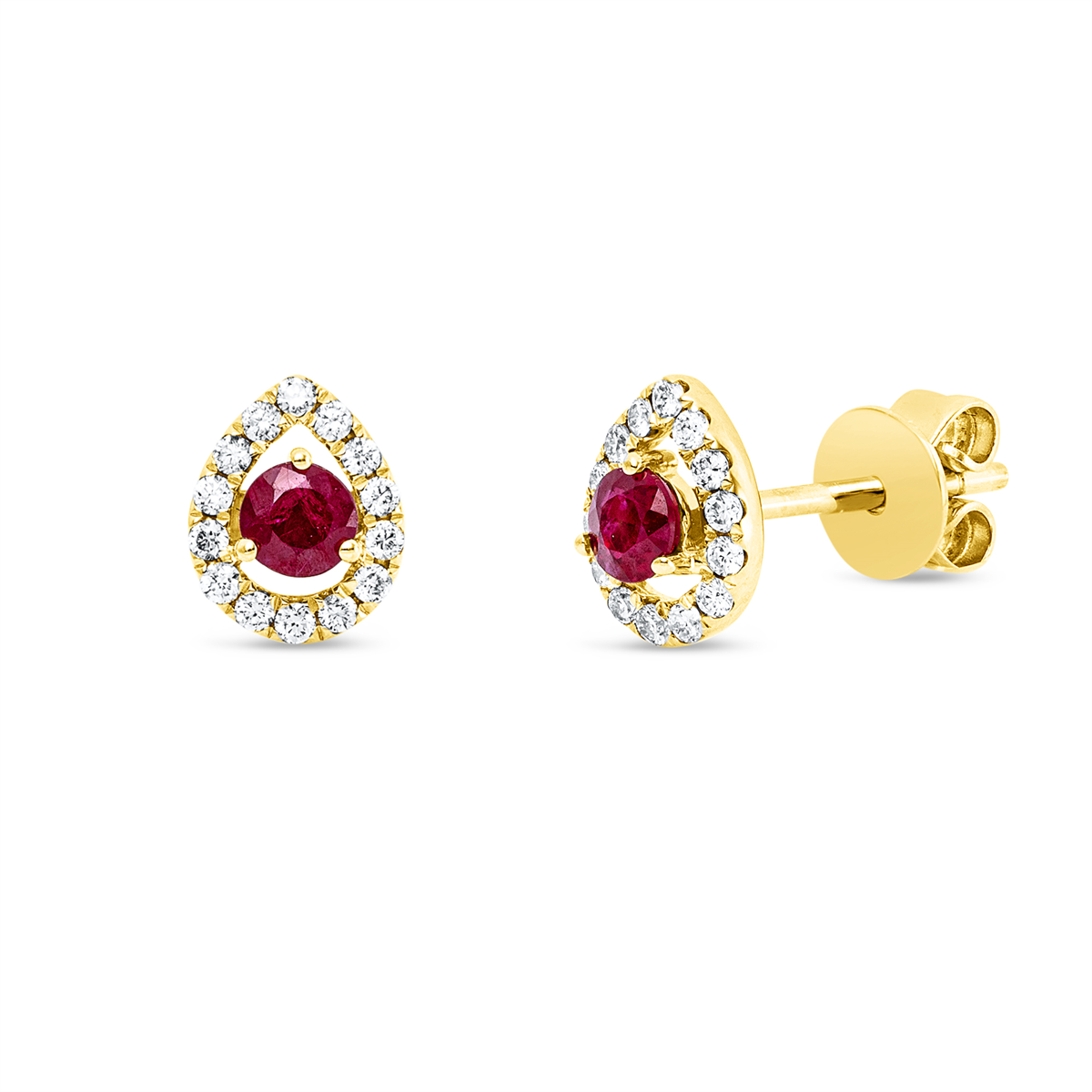 diamond full cut ruby colored stone classic studs in yellow gold