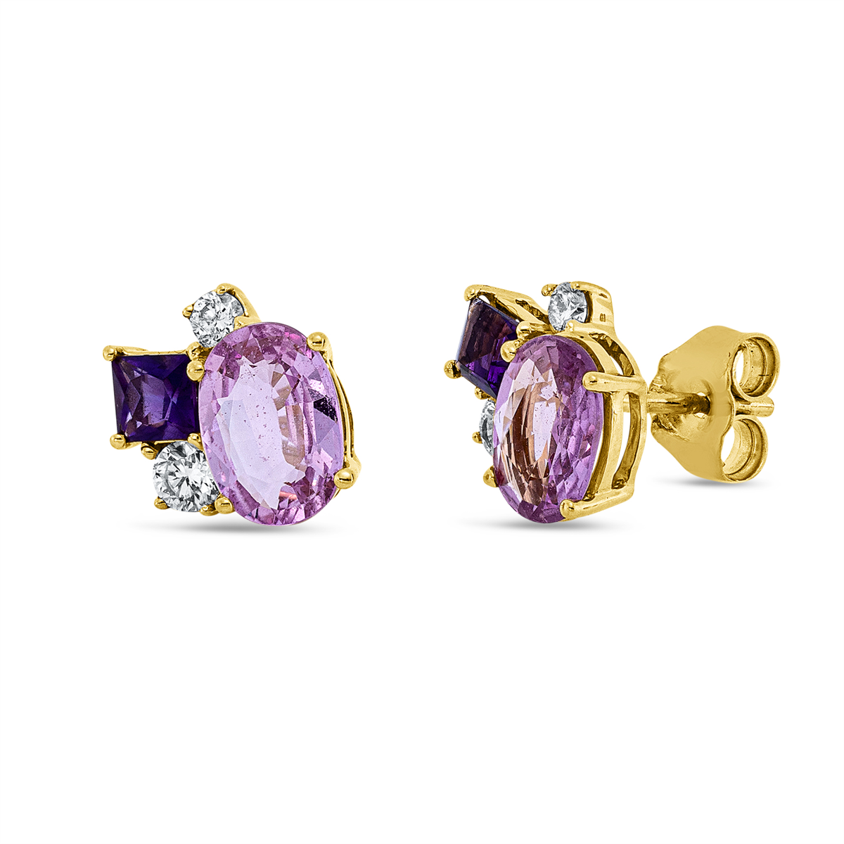 diamond full cut amethyst colored stone fashion studs in yellow gold