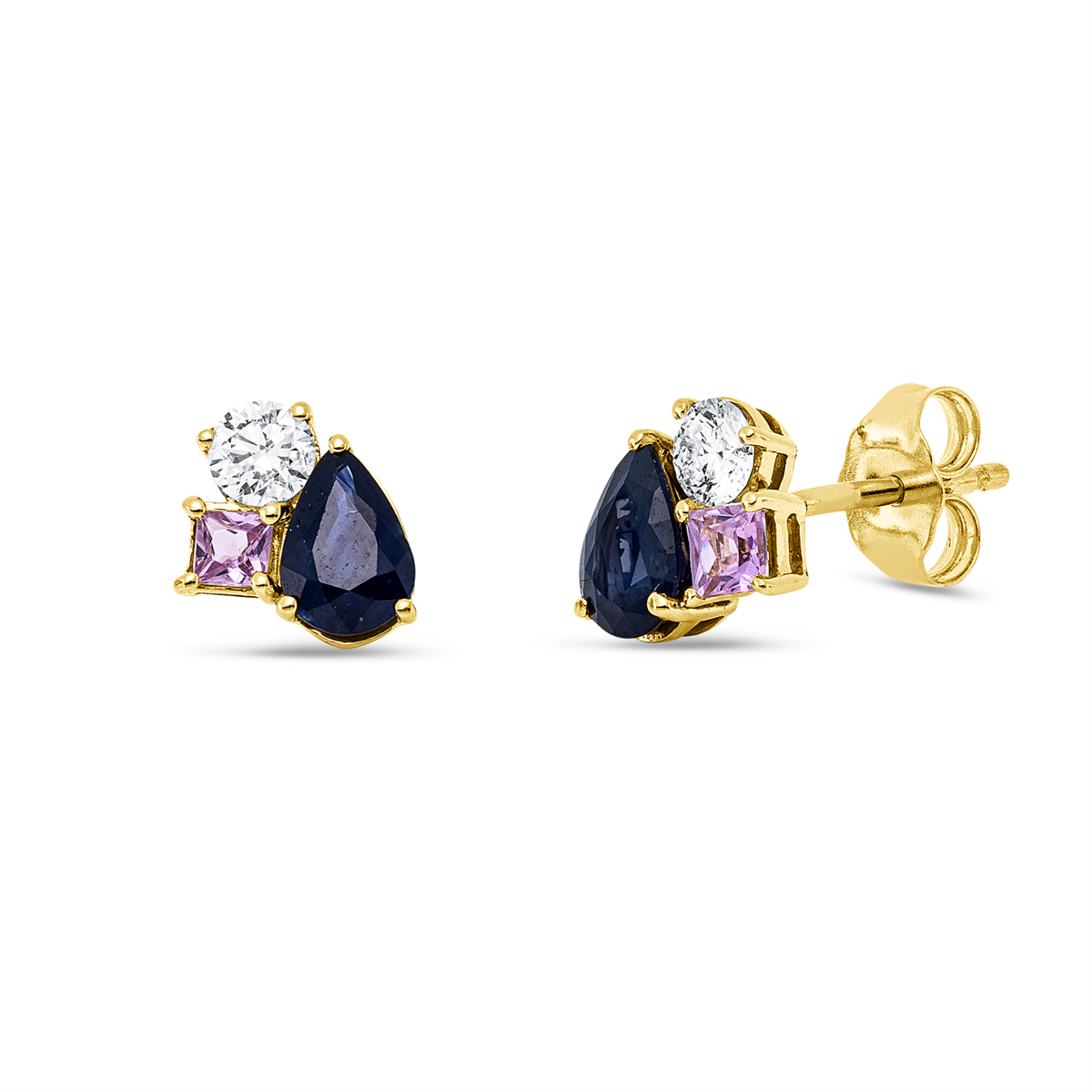 diamond full cut sapphire colored stone classic studs in yellow gold