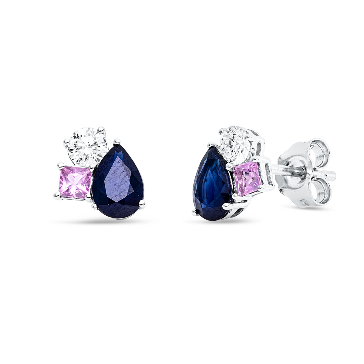diamond full cut sapphire colored stone classic studs in white gold