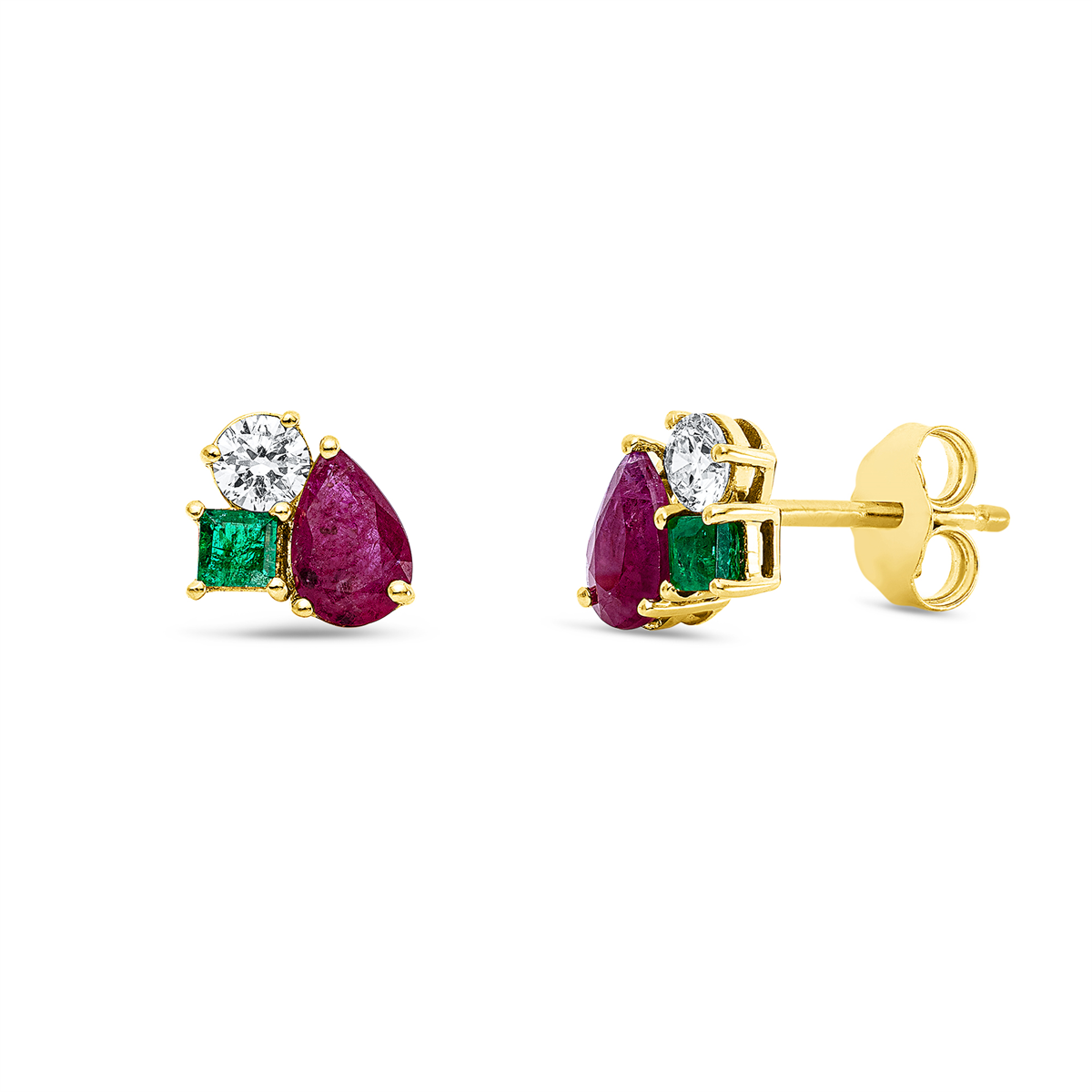 diamond full cut emerald colored stone classic studs in yellow gold