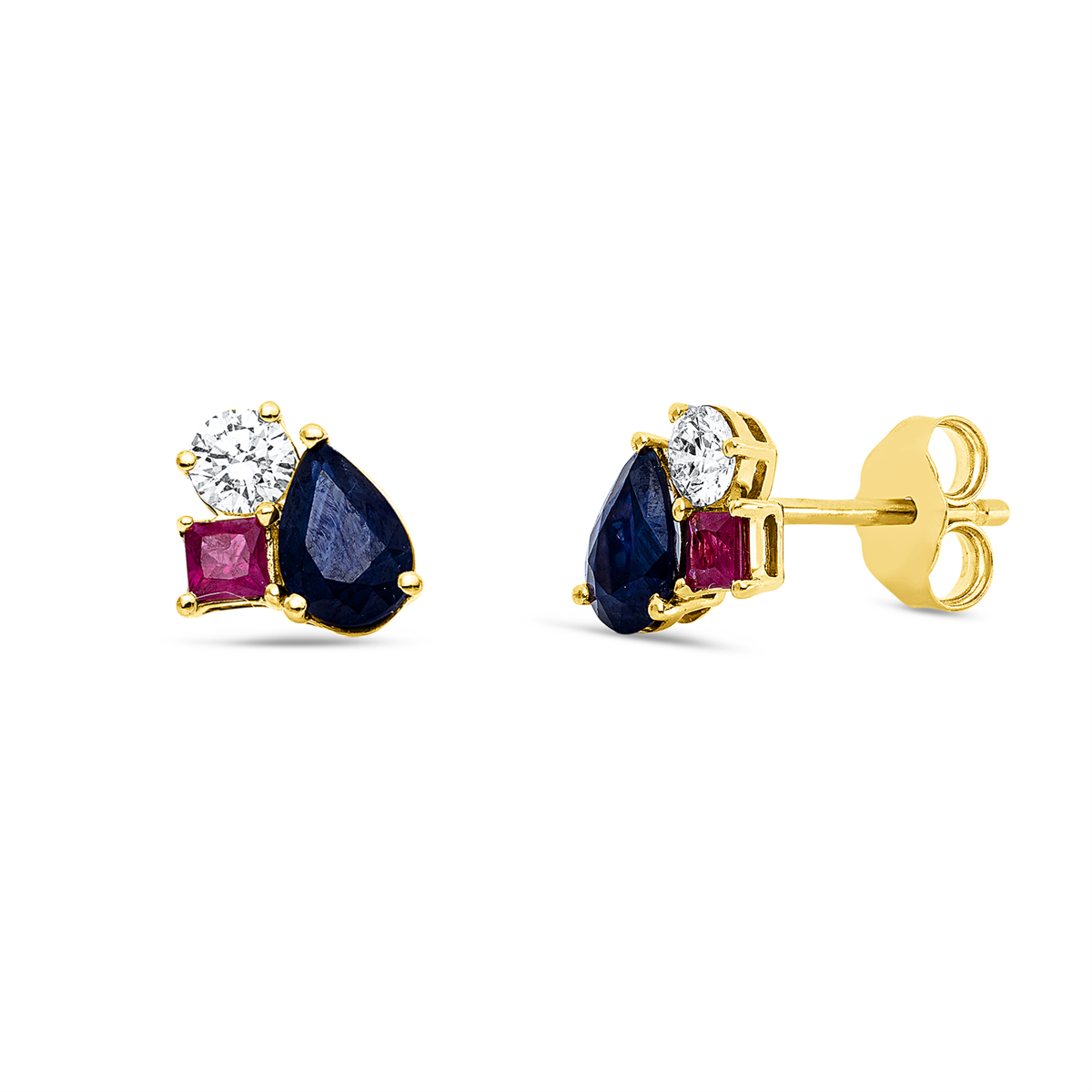 diamond full cut ruby colored stone classic studs in yellow gold