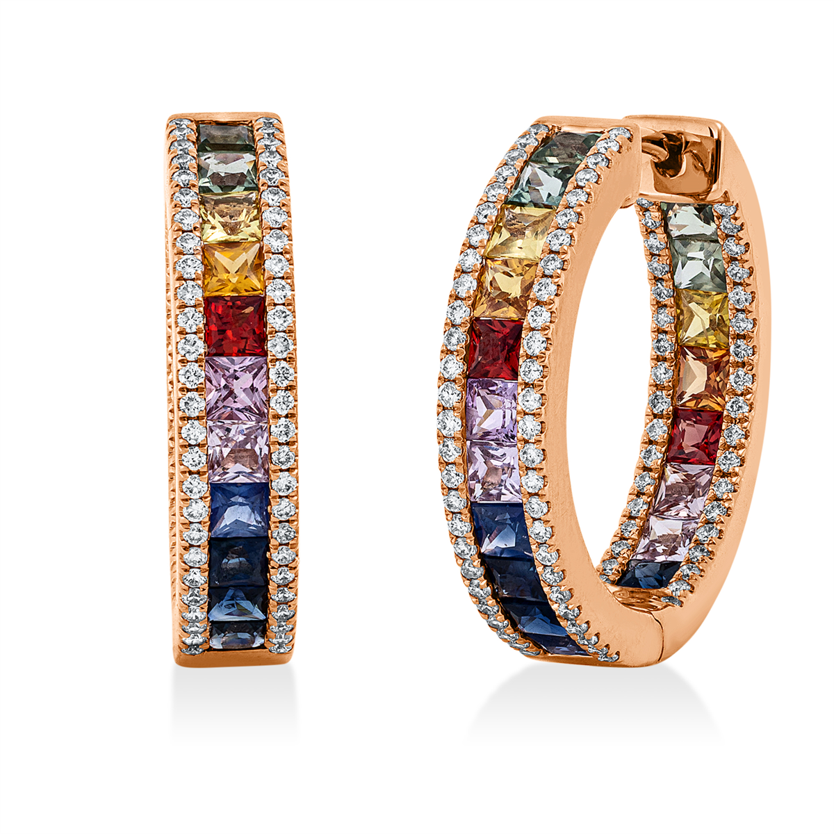 diamond full cut sapphire rainbow & multicolor hoops & huggies in red gold