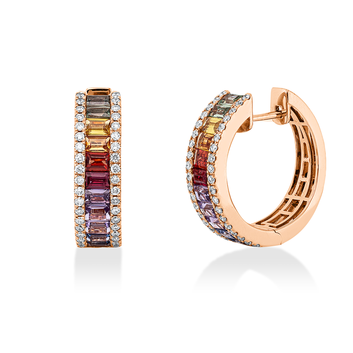 diamond full cut sapphire rainbow & multicolor hoops & huggies in red gold