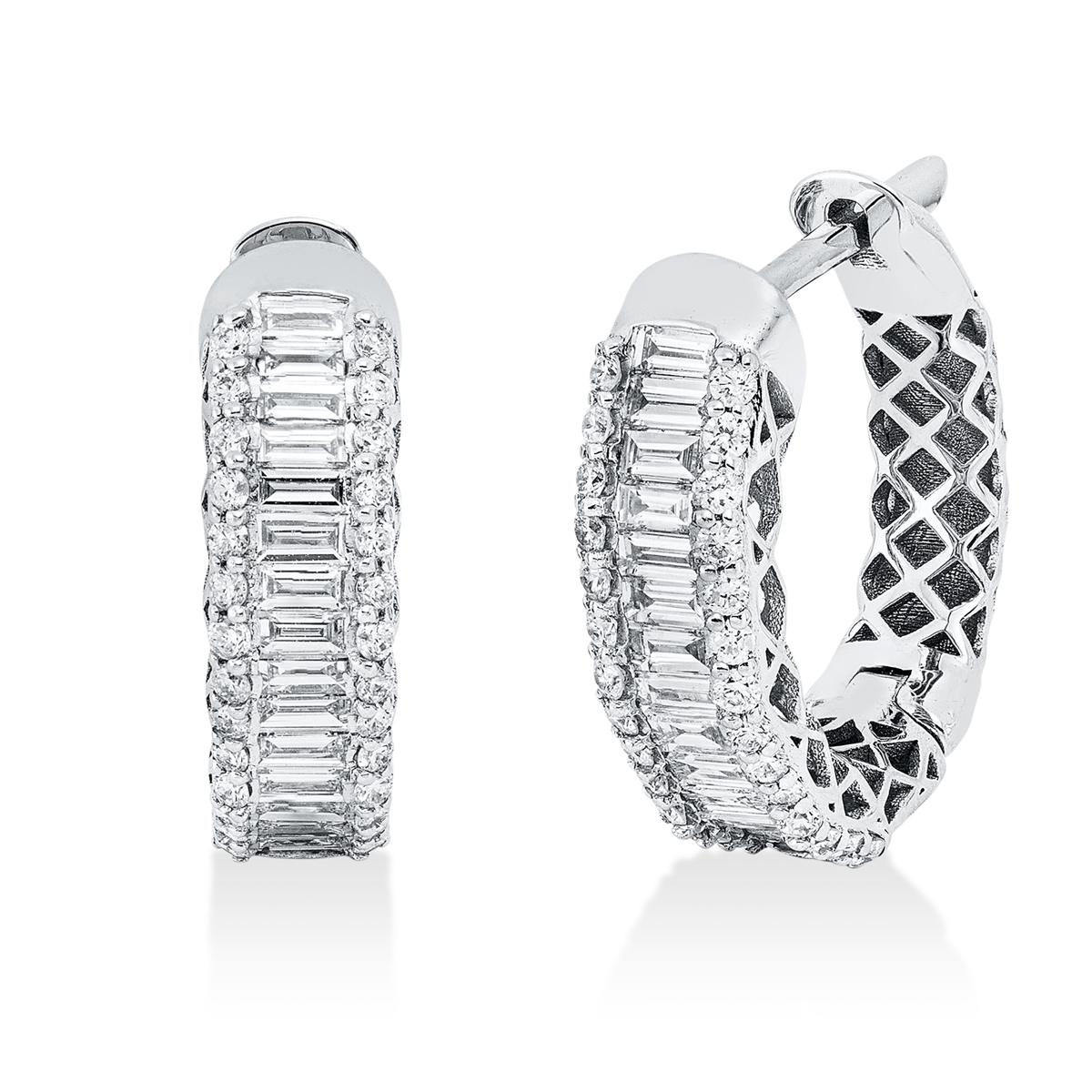 diamond full cut  baguette hoops & huggies in white gold